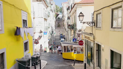 Colorful-Scenery-of-Yellow-Funicular-in-Old-Town-of-Lisbon-in-Portugal