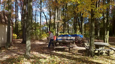 Hombre-Preparando-La-Instalación-Para-Acampar-En-El-Día-De-Otoño-Entre-árboles-Amarillos-En-El-Bosque