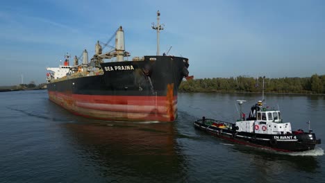 Aerial-Low-Flying-Parallax-Around-Tug-Boat-Assisting-Sea-Prajna-Bulk-Carrier-As-It-Navigates-Along-Oude-Maas