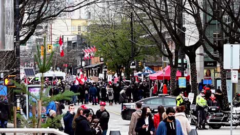 Handheld-shot-of-the-protest-of-the-trucker-convoy-in-Downtown-Vancouver-on-Robson-street