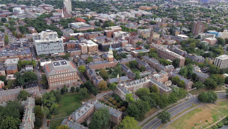 Aerial-view-of-Harvard-University-including-the-Malkin-Athletic-Center,-Lowell-House-and-tower,-and-the-Quincy-House-across-from-the-Charles-River