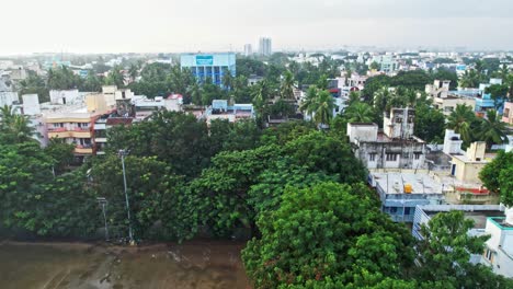 Filmaufnahmen-Aus-Der-Luft-Von-Chennai-City-Während-Des-Sonnenaufgangs-Am-Frühen-Morgen