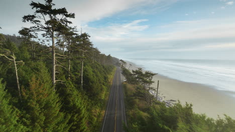 Long-drone-flight-over-the-pacific-ocian-road-in-Washington-state-USA