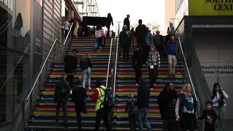 Climbing-up-the-stairs-to-the-Southbank-Centre,-London,-United-Kingdom