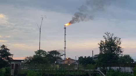 Fire-atop-a-a-chimney-burns-generating-electricity-at-an-overgrown-power-plant