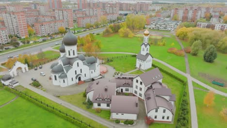 A-aerial-view-of-orthodox-church-Pokrov-Nikolskaya,-the-church-stands-in-the-southern-part-of-the-Klaipeda-city