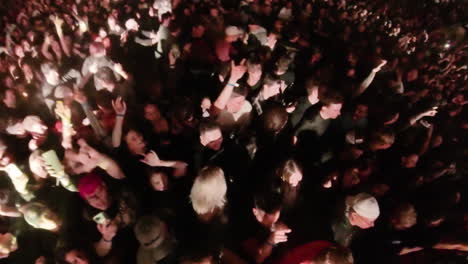 Spectators-Crowd-Cheering-Jumping,-Celebration-Party-and-Excitement-of-Fans-at-Rock-Music-Concert-Show,-Top-Down-Insta-360-View
