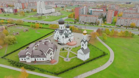 A-aerial-view-of-orthodox-church-Pokrov-Nikolskaya,-the-church-stands-in-the-southern-part-of-the-Klaipeda-city