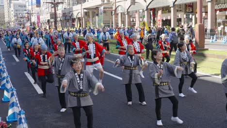 Elderly-People-Dancing-in-street-at-Kagoshima-Ohara-Festival,-Japan