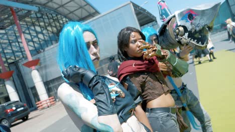 Cinematic-revealing-shot-of-multiple-character-cosplays-at-the-Japan-Expo-in-Paris