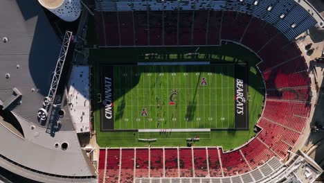 Aerial-view-above-the-Nippert-Stadium-at-the-University-of-Cincinnati,-USA---top-down,-drone-shot
