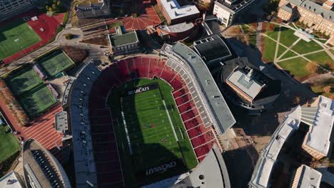 Aerial-view-overlooking-the-Nippert-Stadium-and-the-University-of-Cincinnati,-USA---high-angle,-orbit,-drone-shot