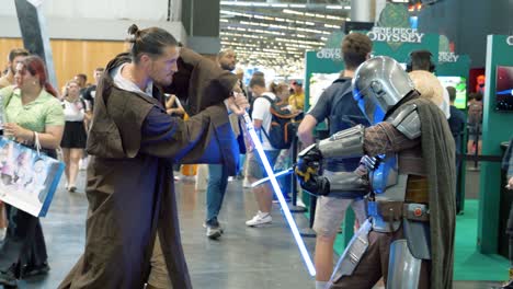 Man-dressed-up-as-Anakin-Skywalker-from-Star-wars-at-japanese-expo-in-paris,-France