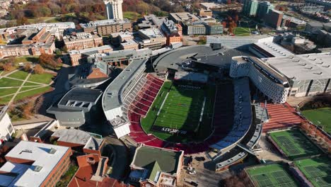 Aerial-overview-of-the-Nippert-Stadium-at-the-University-of-Cincinnati,-USA---circling,-drone-shot