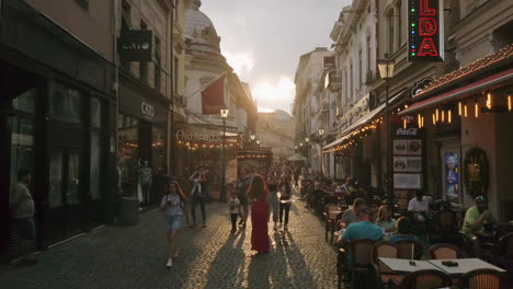 Old-town-streets-with-restaurants-and-tourists-,Bucharest-Romania