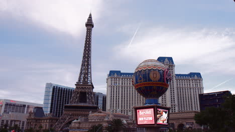 Replica-Of-Iconic-Eiffel-Tower-At-Paris-Las-Vegas,-Famous-Casino-Hotel-On-The-Las-Vegas-Strip-In-Paradise,-Nevada-At-Dusk