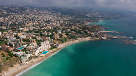 Picturesque-aerial-drone-view-over-the-idyllic,-Mediterranean-coastline-in-Lebanon