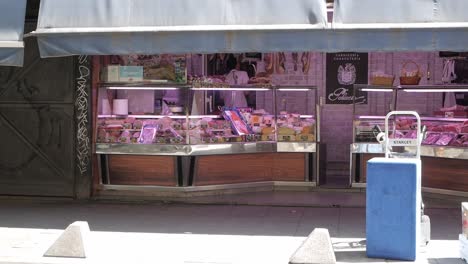Butcher-market-meat-stall-by-sidewalk-in-Madrid