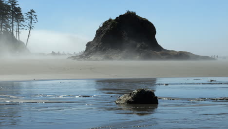 Fog-Blowing-across-Beach-with-Large-Rocky-Formation,-sand,-Trees,-and-water-with-reflection