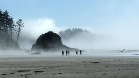 Distant-Silhouette-of-People-Walking-on-a-Foggy-Beach-with-Rock-Formations,-sand,-and-trees