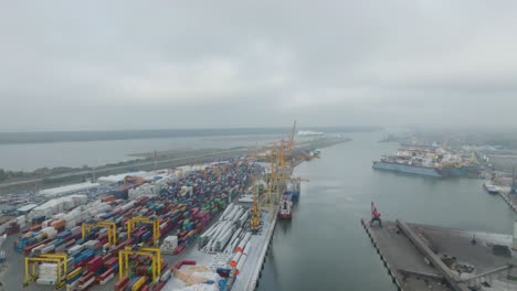 Aerial-view-of-the-container-terminal-on-a-foggy-morning-port-of-Klaipeda