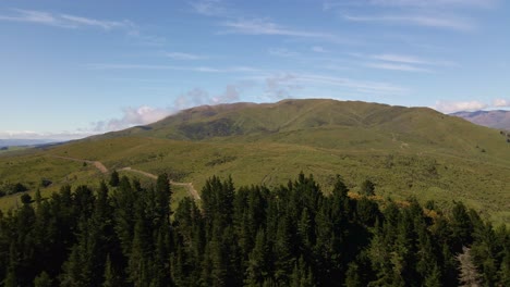 Montaña-Desnuda-Con-Llanuras-Verdes-Detrás-De-Un-Oscuro-Bosque-De-Coníferas-En-Una-Mañana-Soleada