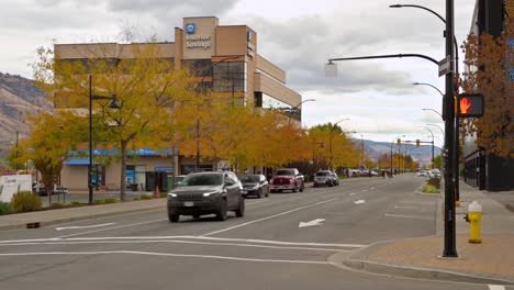 Cars-and-Pedestrians-moving-on-the-Intersection-between-Lansdowne-Street-and-3rd-Avenue-in-Downtown-Kamloops-on-an-overcast-day-in-the-autumn