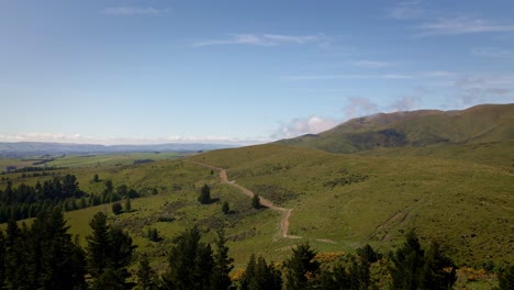 Colinas-Onduladas-En-Las-Estribaciones-De-Los-Alpes-Del-Sur-De-Nueva-Zelanda-Con-Bosque-En-Primer-Plano-Y-Un-Camino-Que-Conduce-A-Lo-Largo-De-La-Ladera-De-La-Montaña