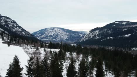 Schneebedeckte-Berge-Und-Schöner-Wald-In-Little-Fort,-BC:-Rückflugansicht-Aus-Der-Luft
