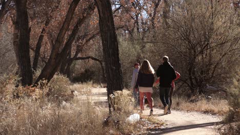 Excursionistas-Caminando-A-Través-Del-Majestuoso-Bosque-En-Nuevo-México-A-Lo-Largo-Del-Río