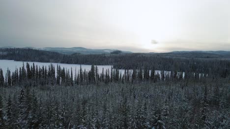 Peaceful-Winter-Sunset-in-the-Forest-Near-Long-Island-Lake-and-Little-Fort-Highway-24-in-British-Columbia,-Canada,-aerial-right-trucking-Shot