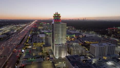 Aerial-view-around-the-Memorial-Hermann-City-Medical-Center-dawn-in-Houston,-USA---orbit,-drone-shot