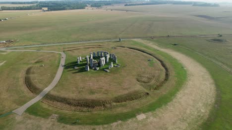 Stonehenge-mysterious-stone-circle-and-earthworks-orbiting-aerial-view-Salisbury-plain-countryside