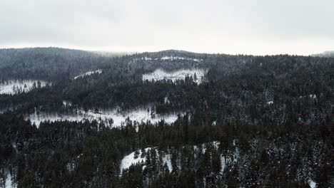 Snowy-Winter-Landscape-of-the-Thompson-Nicola-Region:-Reverse-Shot-of-Tree-Covered-Mountains