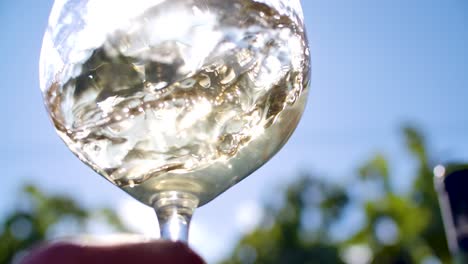 A-person's-hand-gently-swirling-white-wine-inside-a-transparent-glass,-in-a-sunny-day