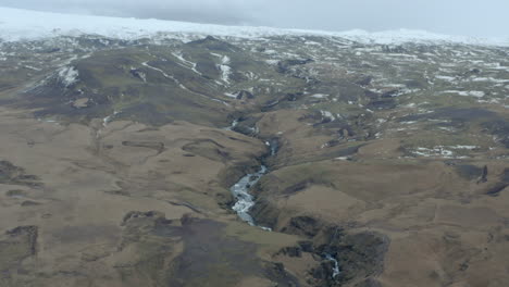 Aerial-shot-over-river-flowing-from-the-Icelandic-highlands