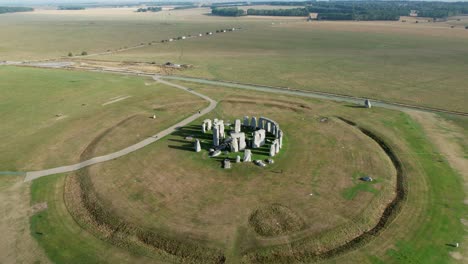 Aerial-view-across-Stonehenge-ancient-stone-trilithon-circle-and-earthworks-on-Salisbury-plain