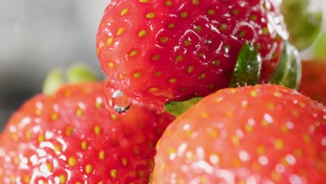 Water-drop-flowing-along-strawberries-surface-in-Slow-motion,-Close-up-Shot