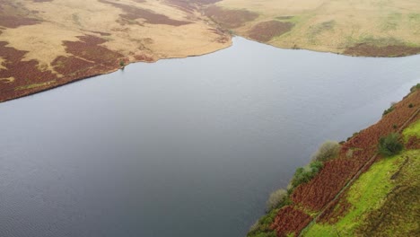 Aerial-View-of-Lliw-Reservoir-with-Path-and-Moorland-in-Wales-UK-4K