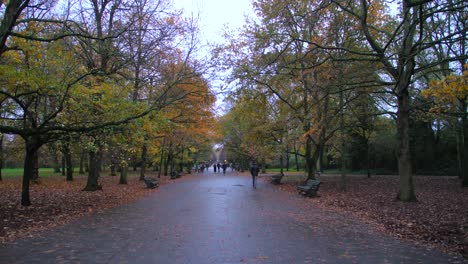 Gente-Caminando-Sobre-El-Pavimento-Mojado-En-El-Parque-Regent-En-Un-Día-Nublado-En-Camden,-Londres,-Reino-Unido