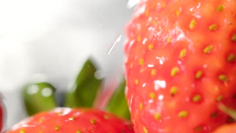 Extreme-Closeup-pouring-fresh-water-on-organic-Strawberries,-Slow-motion-shot