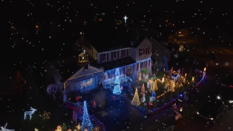 Aerial-rising-shot-of-residential-Christmas-lights-display