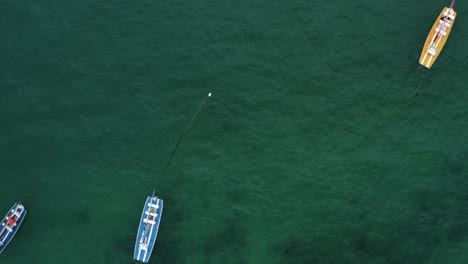 Aufsteigende-Drohne-Aus-Der-Vogelperspektive-Von-Oben-Nach-Unten-über-Kristallklares-Grünes-Wasser-Mit-Verankerten-Segelbooten,-Felsen-Und-Algen-Unten-In-Porto-De-Galinhas-Oder-Chicken-Port-Beach-In-Pernambuco,-Brasilien