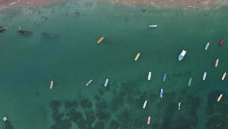 Left-trucking-bird's-eye-top-down-aerial-drone-shot-over-crystal-clear-green-water-with-anchored-sailboats,-rocks,-and-seaweed-below-in-Porto-de-Galinhas-or-Chicken-Port-beach-in-Pernambuco,-Brazil