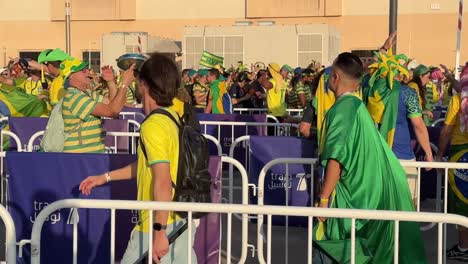 Metro-station-queue-in-Doha-Qatar-with-Happy-Brazil-Fan-from-men-women-girl-boy-safe-and-peaceful-together-enjoy-their-trip-to-stadium-to-watch-the-game-and-live-stream-matches