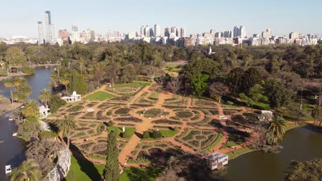 Aerial-drone-scene-of-beautiful-Rosedal-rose-garden-in-Palermo-woods,-Buenos-Aires-in-Argentina