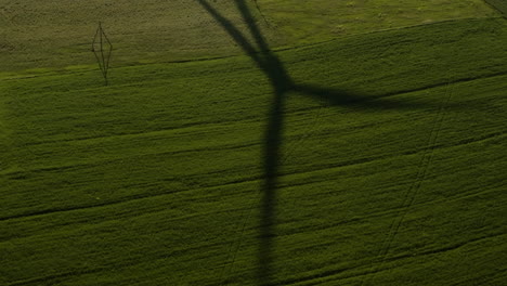 Shadow-of-rotating-wind-turbine-blades-on-crop-field-in-Gori,-Georgia