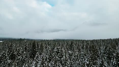Retrograde-Aerial-View-of-Snowy-Forest-and-Cloud-Covered-Mountain-Scenery-in-British-Columbia,-Canada:-Backward-Flight-Over-Winter-Wonderland-from-Drone's-Perspective