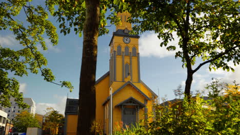 Iconic-yellow-wooden-Cathedral-in-Tromso---Norway's-only-cathedral-made-of-wood