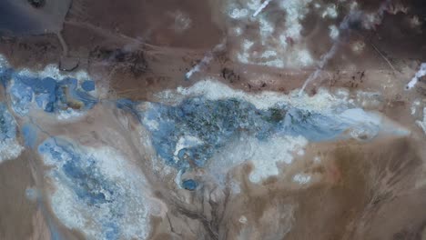 Aerial-top-down-shot-of-blue-colored-geothermal-mud-pots-boiling-on-island-of-Iceland---Descending-shot-showing-rising-fumes